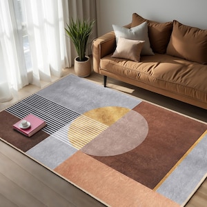 Geometric Modern Area Rug - Striped Circle Accent Carpet - Color Block Anti-Slip Rug - Earth Tone Square Rug - Contemporary Living Room Mat