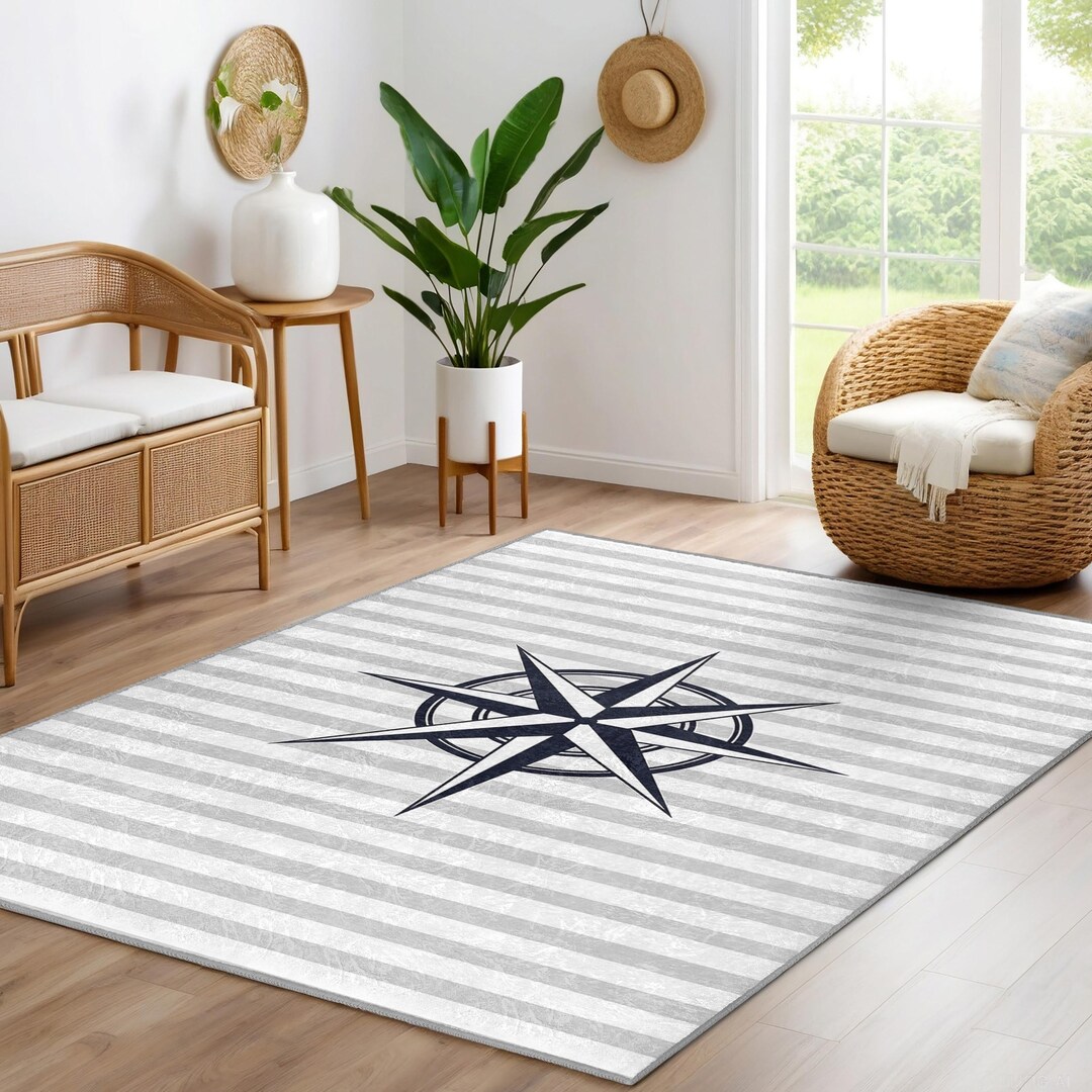 Nautical Stripe Compass Area Rug-navy Star Symbol Accent Mat-coastal ...