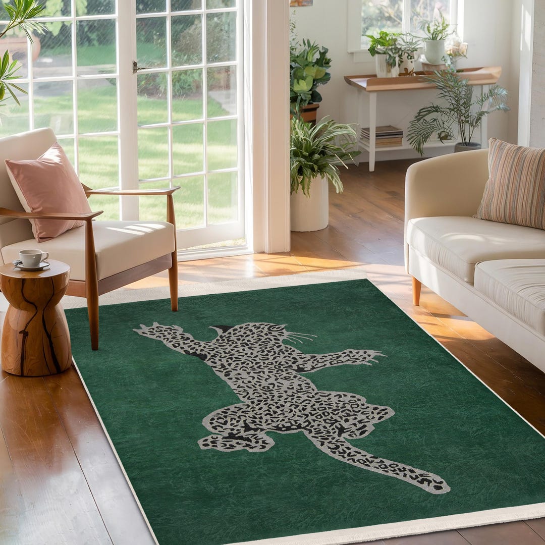 Leopard Print Accent Rug-jungle Inspired Design Mat-green Wildlife Area  Rug-vintage Leopard Non Slip Runner-decorative Living Room Carpet - Etsy