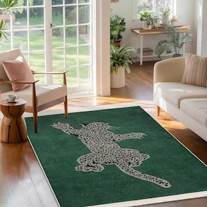 Leopard Print Accent Rug-Jungle Inspired Design Mat-Green Wildlife Area Rug-Vintage Leopard Non Slip Runner-Decorative Living Room Carpet