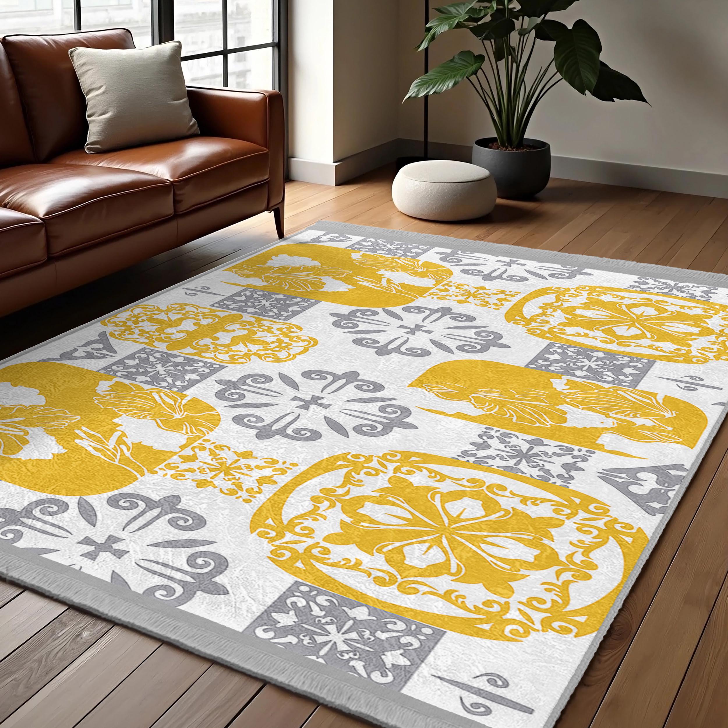 Yellow Abstract Floral Area Rug-geometric Gray Yellow Design Carpet ...