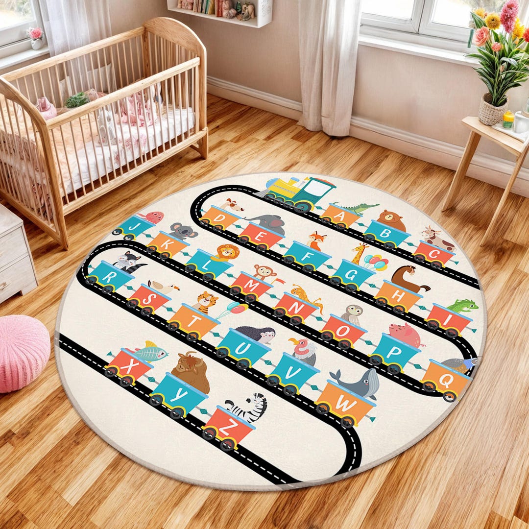 Classroom Train Rug Alphabet Train Kids Room Round Rug-jungle Animals on Tracks Rug for ...