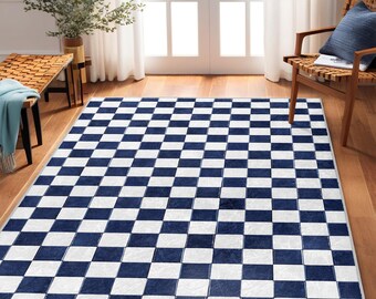 Checkered Navy Area Rug|Blue White Design Mat|Chessboard Runner Accents|Geometric Home Carpet|Modern Washable Throw Rug