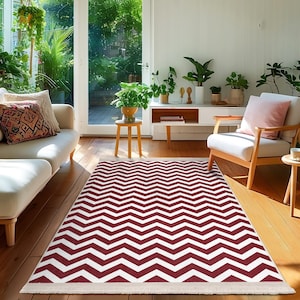 Zigzag Burgundy Area Rug-Cream Chevron Accent Carpet-Modern Anti Slip Rug-Bold Floor Mat-Striped Apartment Carpet-Geometric Room Runner