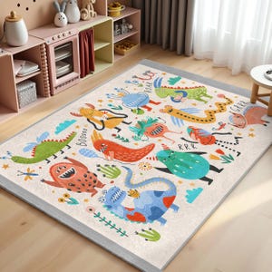 Colorful Dinosaur Nursery Carpet-Dino Friends Playmat for Kids-Animal Adventure Baby Room Rug-Bright Toddler Dinosaur Mat-Creative Decor Rug
