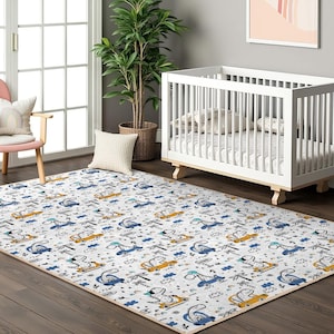 Yellow Car Dino Nursery Carpet-Dinosaur Cloud Windmill Kids Room Rug-Colorful Cartoon Baby Room Rug-Fun Dino Playmat-AntiSlip Children's Mat