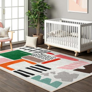Modern Geometric Shapes Kids Room Rug-Colorful Abstract Blocks Nursery Carpet-Multicolor Playmat for Child-Contemporary Design Baby Room Rug