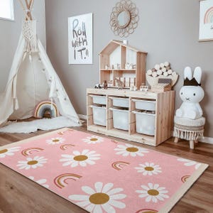 Pink Floral Rainbow Kids Room Rug-Daisy Rainbow Nursery Carpet-Modern Daisy Child Room Rug-Pastel Flower Playmat-Anti-Slip Toodler Mat