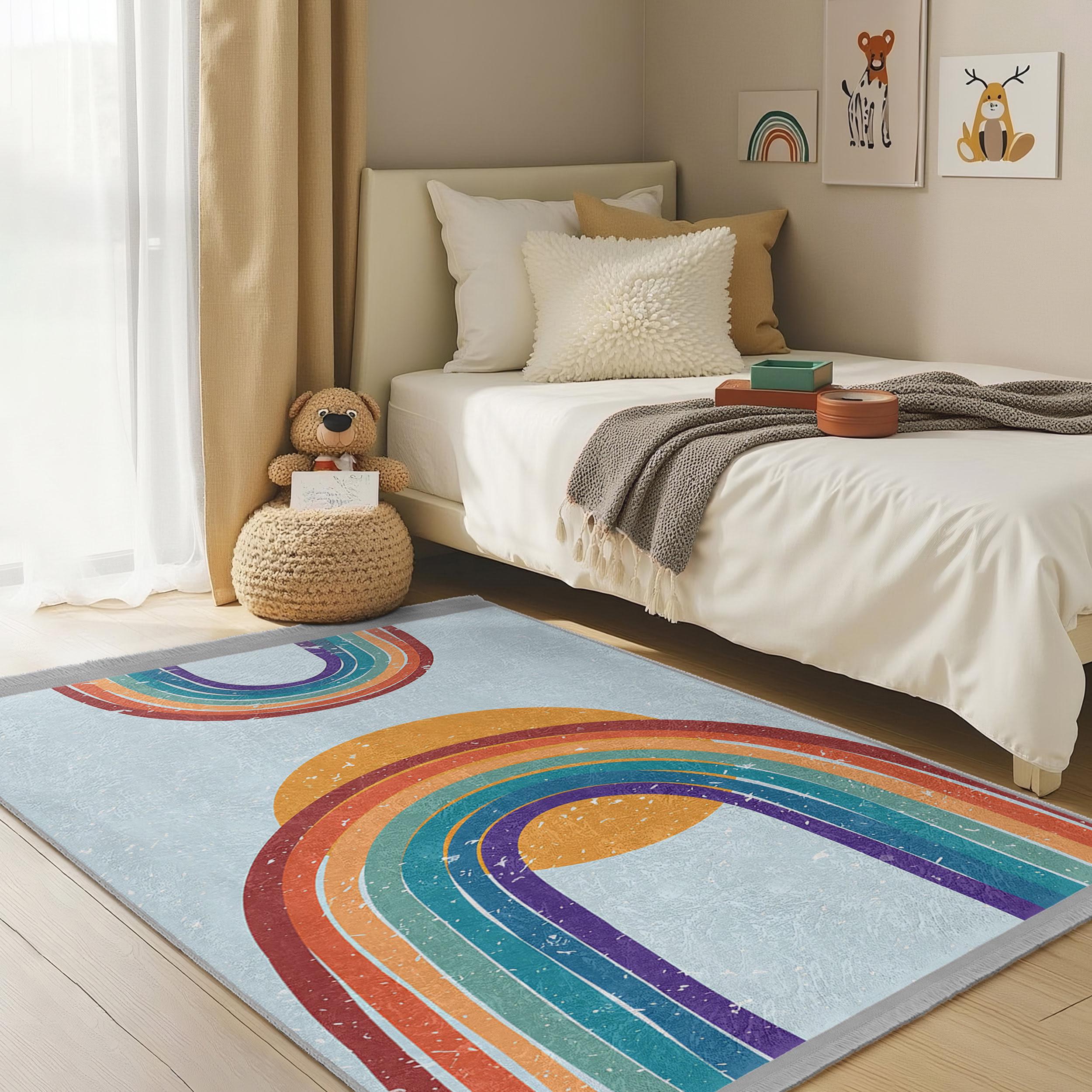 Retro Rainbow Nursery Carpet-colorful Arch Lines Rug-vintage Style ...