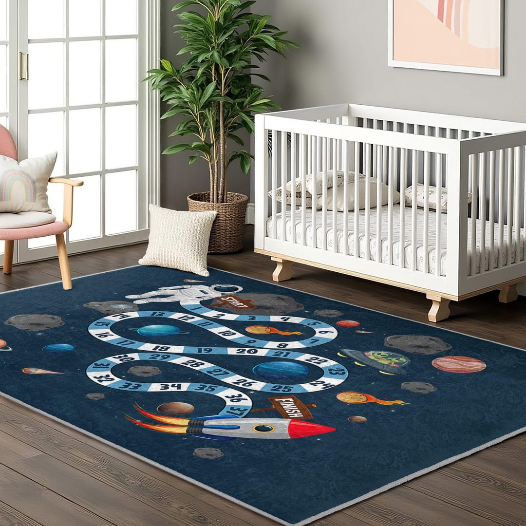Moon Rover Play Rug Astronaut Rocket Blue Kids Room Rug-outer Space Game Path Nursery ...