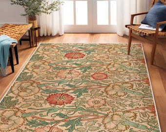Floral Vintage Beige Area Rug-Botanical Green Fern Design Accent Rug-Art Nouveau Anti-Slip Rug-William Morris Pink and Rose Carpet