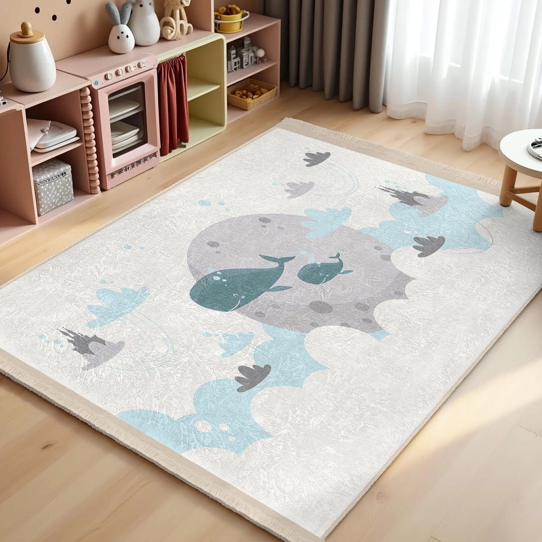 Whale Adventure Kids Room Rug-grey Teal Ocean Playmat-creative Splash ...