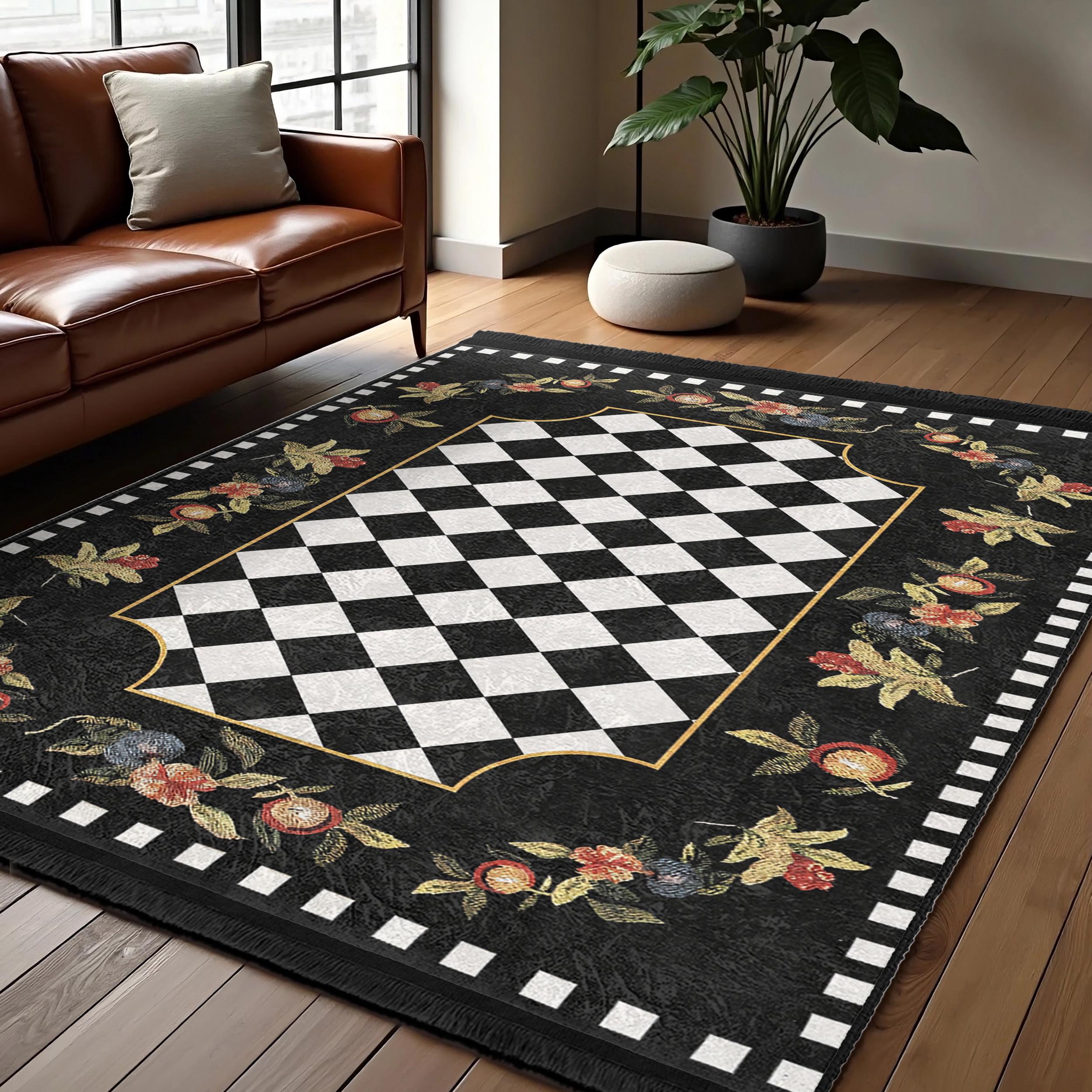 Black Checkered Floral Area Rug-gold Edged Chessboard Accent Mat ...