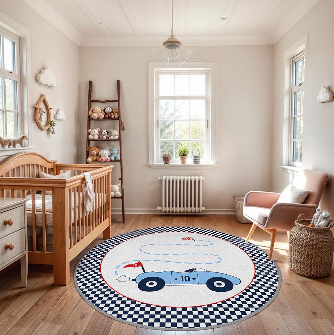 Car Racing Rug Kids Race Car Adventure Kids Room Round Rug-checkered Track Blue Circle ...