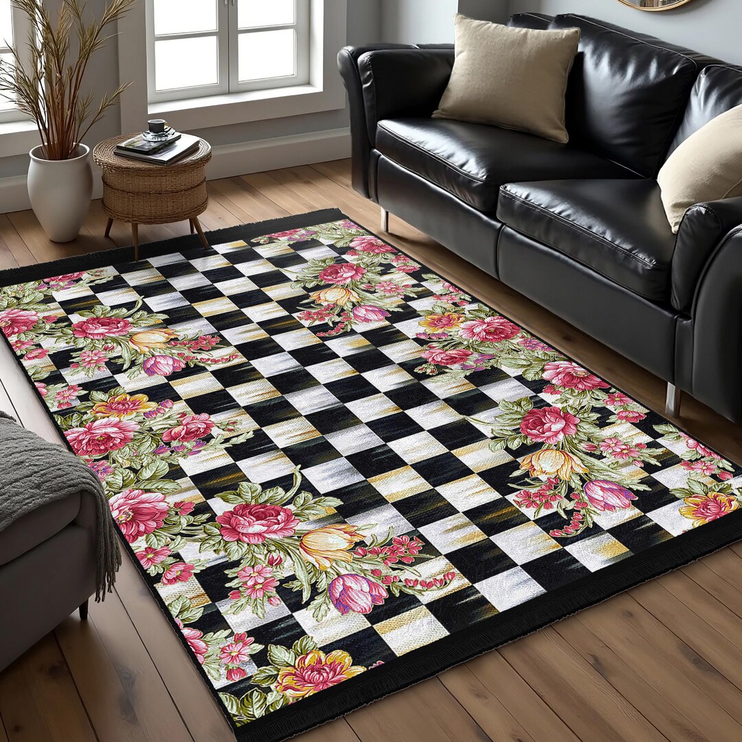 Faded Checkerboard Rug Black Floral Checkerboard Area Rug-vintage Chessboard Design Accent ...