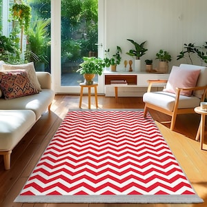 Red Chevron Area Rug-Zigzag Pattern Accent Carpet-Crimson Anti Slip Rug-White Geometric Mat-Chevron Square Rug-Contemporary Floor Runner