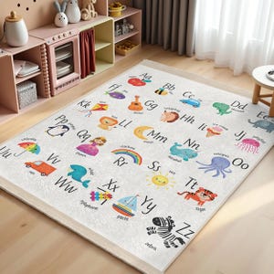 Alphabet Fun Kids Room Rug-Animal Themed Nursery Carpet-ABC Baby Room Rug-Colorful Learning Playmat-White Educational Child Room Rug