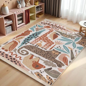 Jungle Animal Safari Kids Room Rug-Wildlife Shapes Beige Nursery Carpet-Zoo Adventure Child Room Rug-Brown Forest Friends Playmat