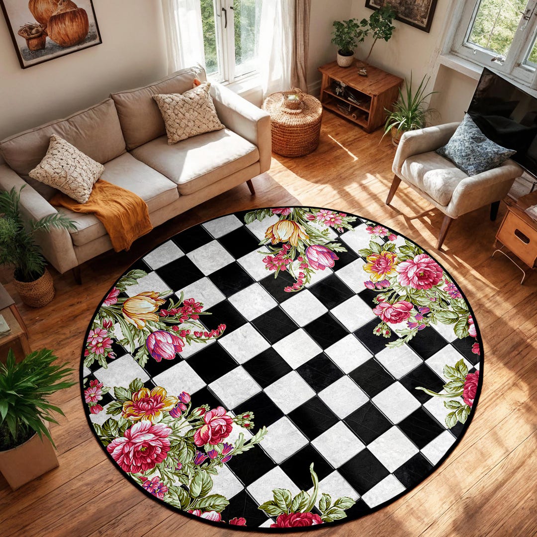 Black and White Checkered Circle Carpet - Floral Garden Border