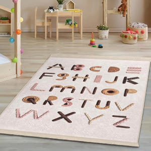 Alphabet Beige Kids Room Rug-Letter Cookies Nursery Carpet-Creative ABC Toddler Mat-Letters Child Room Rug-Educational Playmat Baby Room Rug
