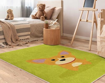 Corgi Fun Green Kids Room Rug-Cute Puppy Face Nursery Carpet-Playful Dog Child Room Rug-Colorful Baby Room Rug-Anti Slip Playmat