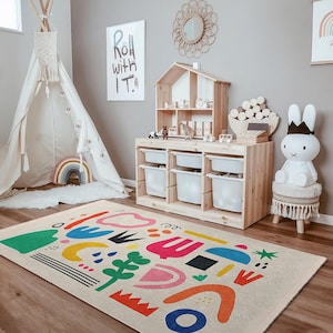 Colorful Abstract Shapes Kids Room Rug-Playful Geometric Design Nursery Carpet-Modern Art Baby Room Rug-Vibrant Playmat-Anti-Slip Child Rug