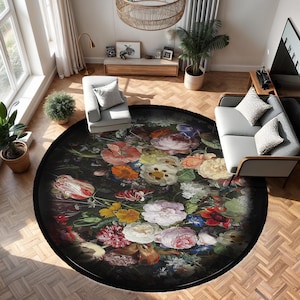 Floral Dark Circle Carpet-Bouquet Artistic Round Rug-Colorful Living Room Rug-Flower Pattern Oval Mat-Vibrant Anti-slip Carpet-Modern Decor