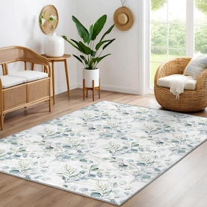 Botanical Eucalyptus Accent Rug-Green Leafy Branch Area Rug-Floral Anti Slip Rug-White Living Room Mat-Artisan Foliage Runner-Aesthetic Rug