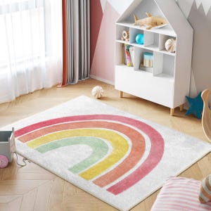 Colorful Rainbow Nursery Carpet-Curved Stripes Kids Room Rug-Playful Rainbow Infant Mat-Vibrant Child Room Rug-Washable AntiSlip Toddler Mat