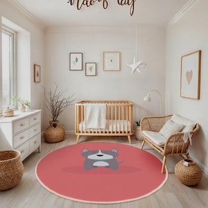 Playful Puppy Kids Room Round Rug-Cute Dog Cartoon Circle Carpet-Red Floor Circle Mat-Adorable Animal Playroom Rug-Non Slip Nursery Decor
