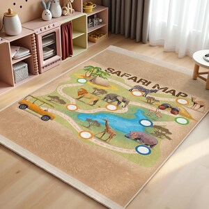 Safari Map Kids Room Rug-Jungle Animal Road Nursery Carpet-African Wildlife Baby Room Rug-Tan Playmat for Toddler-Adventure Child Room Rug