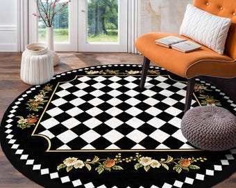 Elegant Checkered Floral Round Rug - Black White Circle Carpet
