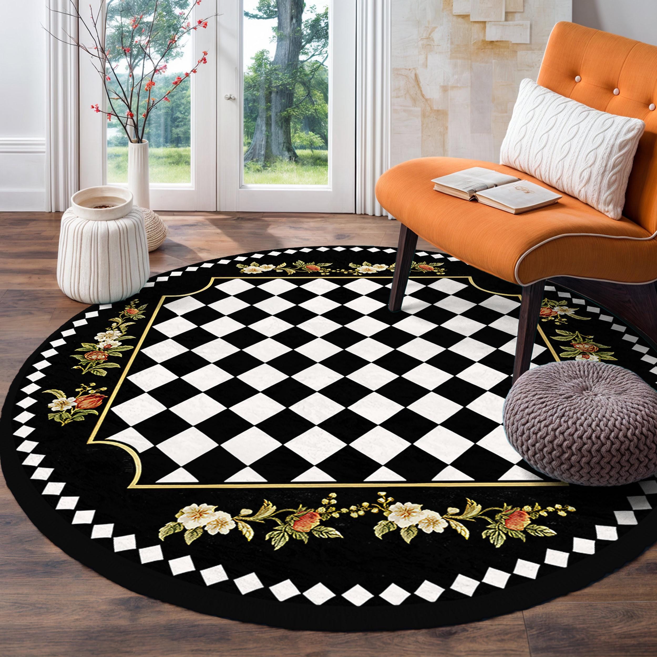 Floral Checkered Black Circle Carpet-black White Diamond Circle