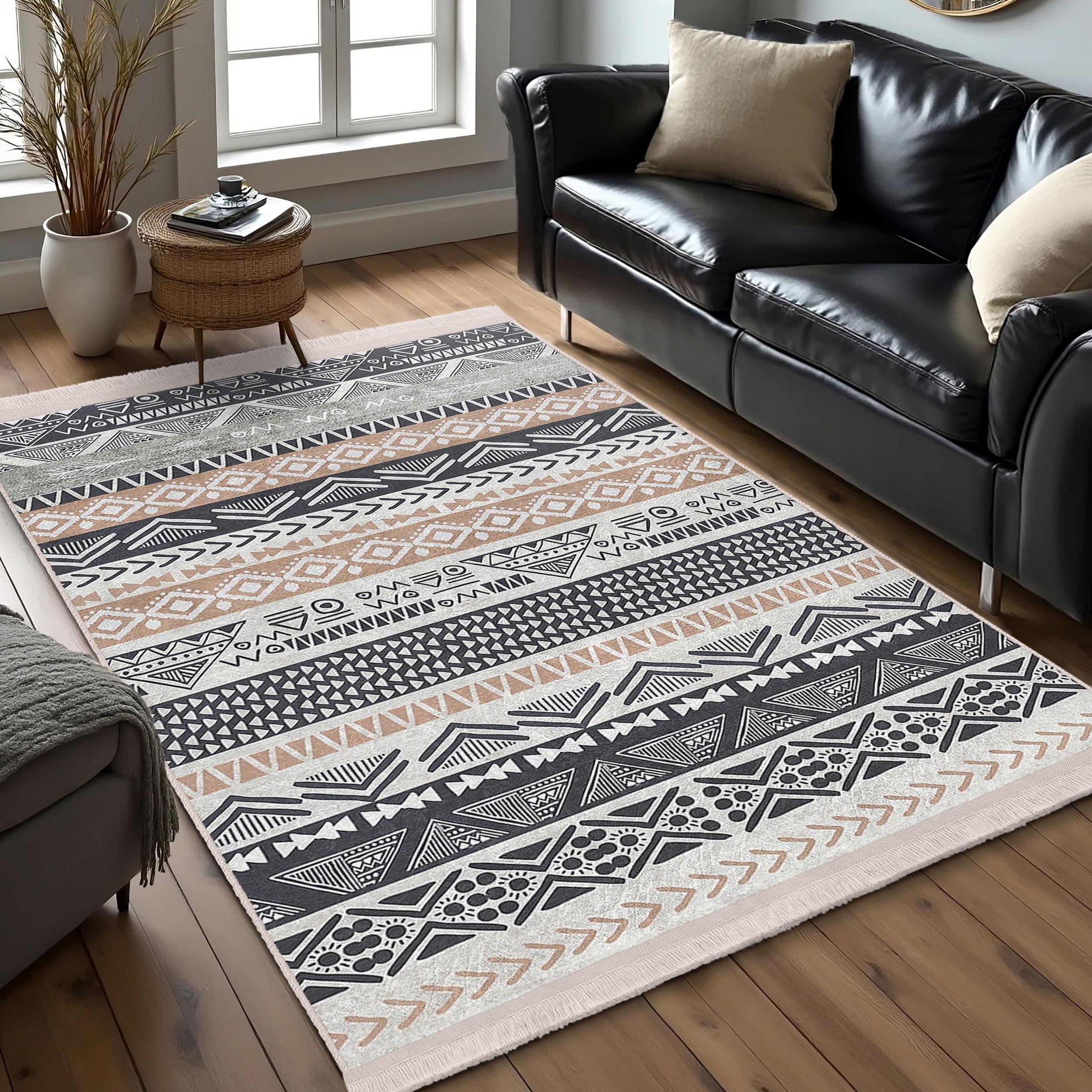 Aztec Inspired Accent Rug - Black Beige Tribal Pattern Mat - Modern ...