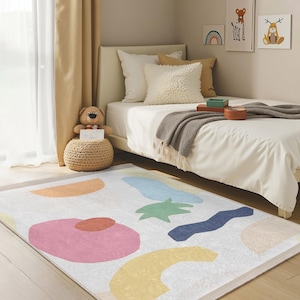Colorful Abstract Shapes Kids Room Rug-Playful Geometric Patterns Nursery Carpet-Vibrant Artistic Nursery Rug-Multicolor Baby Room Rug