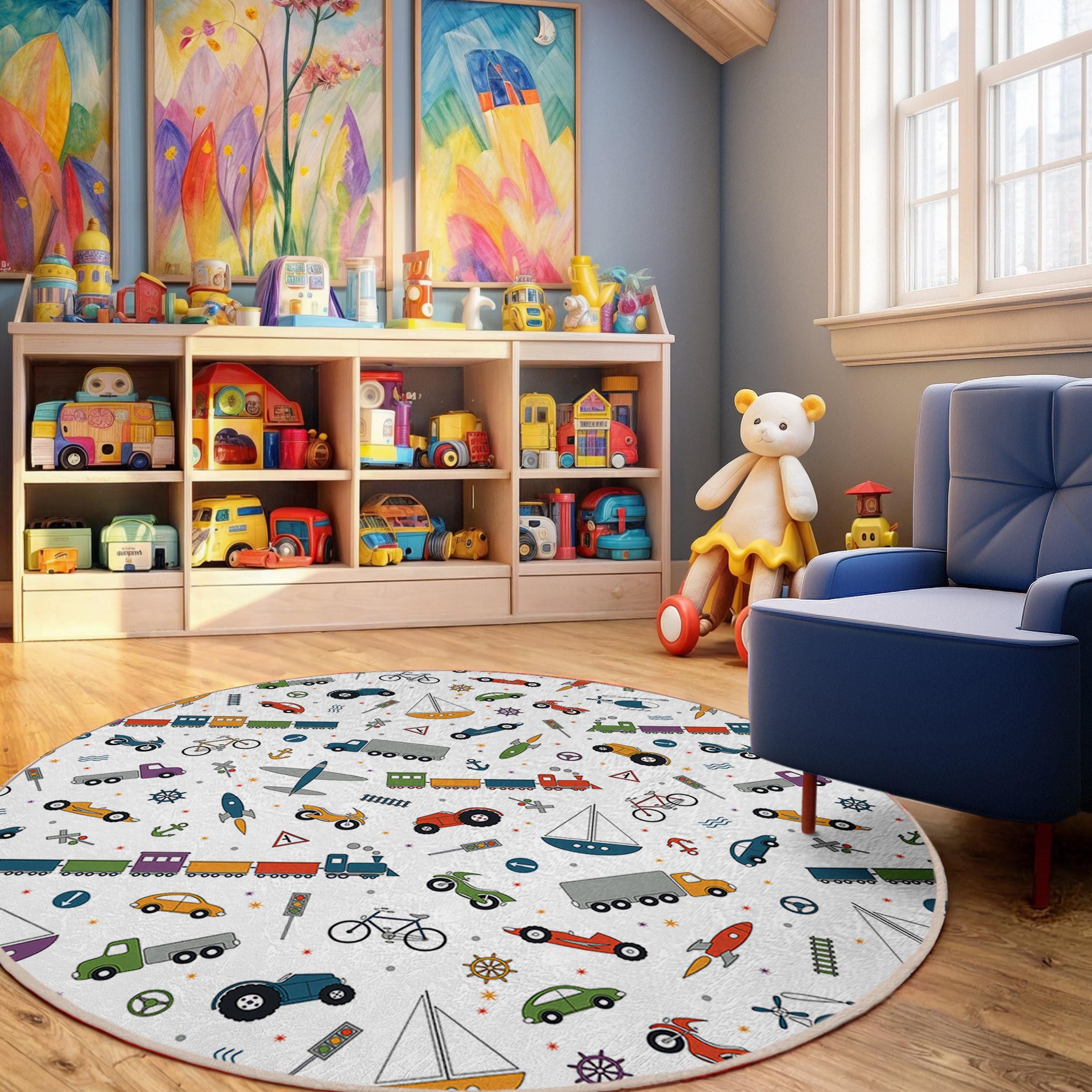 Vechiles Abc Rug Transportation Theme Kids Room Round Rug-colorful Vehicles Circle ...