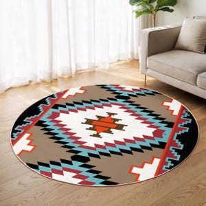 Tribal Geometric Beige Round Rug-Zigzag Aztec Beige Circle Mat-Southwestern Living Room Rug-Boho Chic Circle Carpet-Modern Decor Round Rug