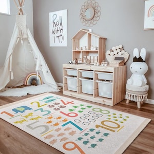 Colorful Animal Numbers Kids Room Rug-Animal Shapes Educational Nursery Carpet-Fun Counting Nursery Rug-Interactive Playmat for Baby Room