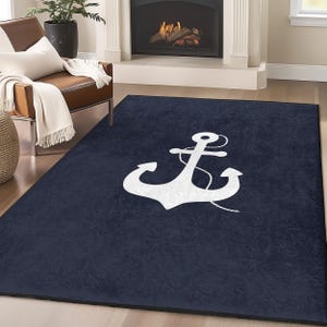 Nautical Anchor Navy Area Rug-White Anchor Nautical Mat-Coastal Living Room Carpet-Sea Themed Accent Rug-Anchor Decor Washable Rug-Floor Mat