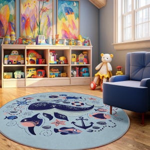 Blue Ocean Whale Kids Room Round Rug-Sea Creatures Anchor Circle Carpet-Marine Life Nursery Carpet-Underwater Adventure Playroom Mat