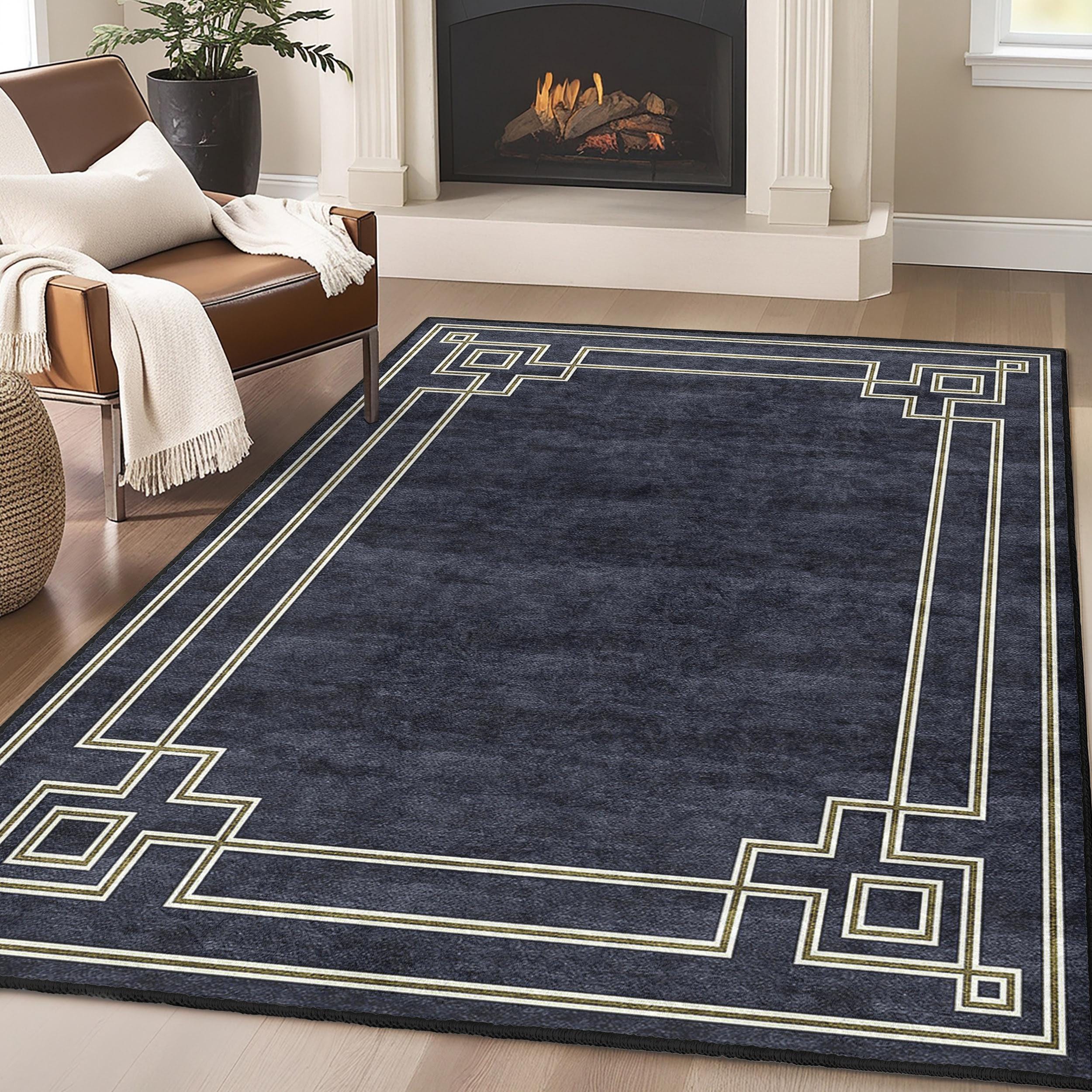 Linear Geometric Rug Geometric Border Area Rug-gold Linear Frame Accent Carpet-stylish Non ...