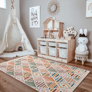 Geometric Multicolor Nursery Carpet-Triangle Lines Kids Room Rug-Abstract Shapes Nursery Rug-Colorful Playmat-Modern Child Room Rug