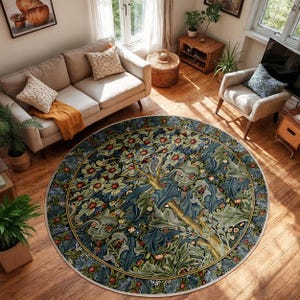 Morris Style Round Rug-Floral Nature Art Circle Carpet-Tree Of Life Circle Rug-Vintage Rug - Bohemian Round Carpet-Modern Living Room Rug