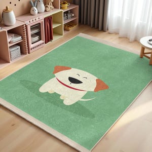 Joyful Dog Green Kids Room Rug-Cartoon Puppy Cute Carpet-Animal Themed Nursery Rug-Kid's Room Adorable Playmat-Anti Slip Toddler Mat