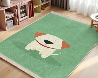 Joyful Dog Green Kids Room Rug-Cartoon Puppy Cute Carpet-Animal Themed Nursery Rug-Kid's Room Adorable Playmat-Anti Slip Toddler Mat