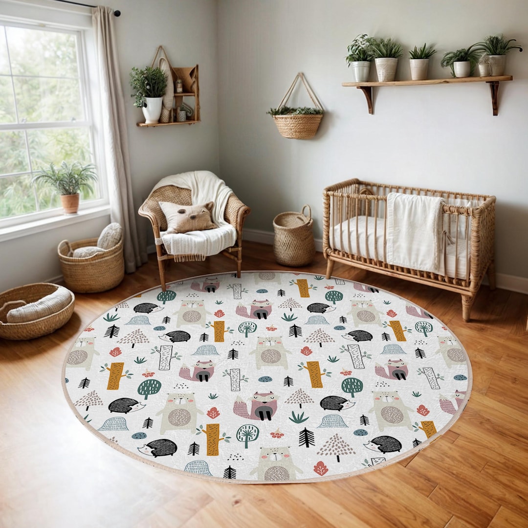 Woodland Animals Kid's Room Round Rug-jungle Trees Play Circle Carpet ...