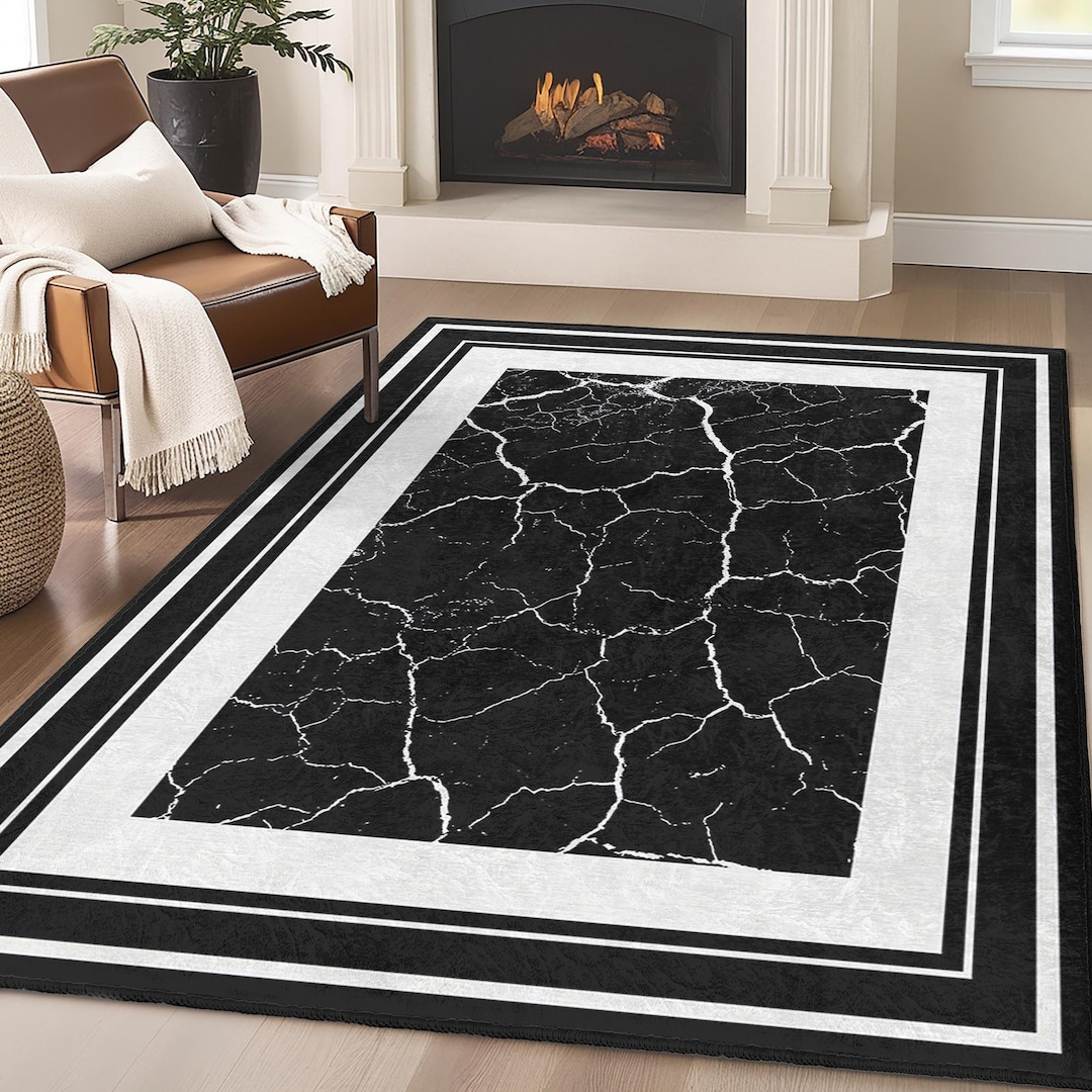 Black Marble Accent Rug-cracked Stone Design Mat-monochrome Anti Slip ...