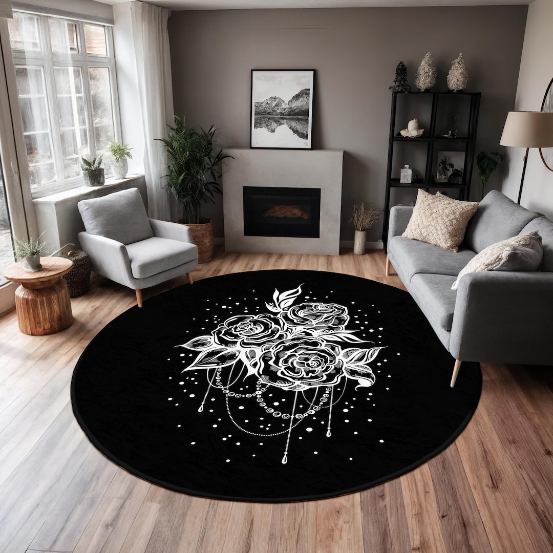 ラグ・カーペット Kyne Stamp Circle Rug by ROOM Black Black Floral Art Round Rug-rose Pattern Circle Carpet-white Flower