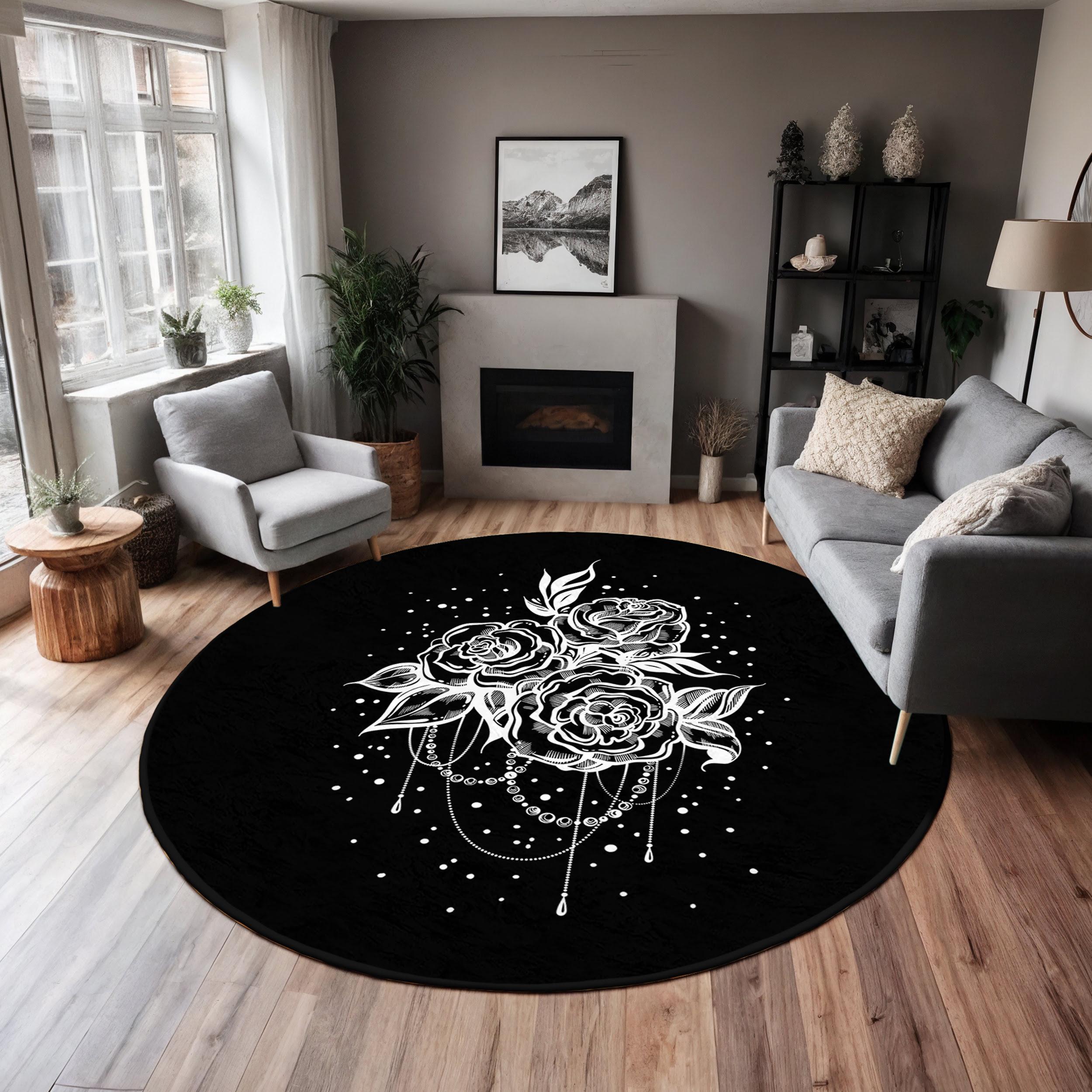 ラグ・カーペット Kyne Stamp Circle Rug by ROOM Black Black Floral Art Round Rug-rose Pattern Circle Carpet-white Flower