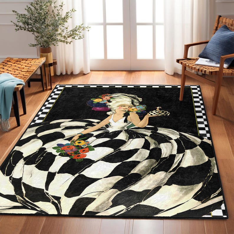 Baroque Lady Design Area Rug-black Checker Flower Mat-vintage Gown ...